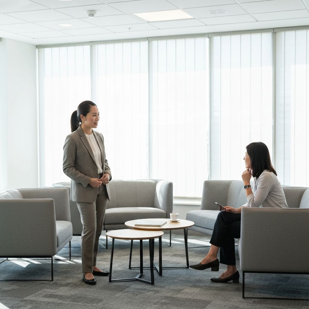 Executive coaching session in modern office lounge